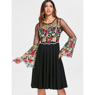 Embroidered Sheer Mesh Insert Dress - Black