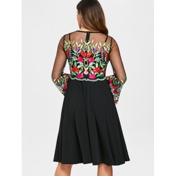 Embroidered Sheer Mesh Insert Dress - Black