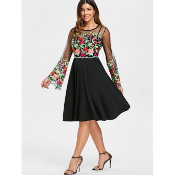 Embroidered Sheer Mesh Insert Dress - Black