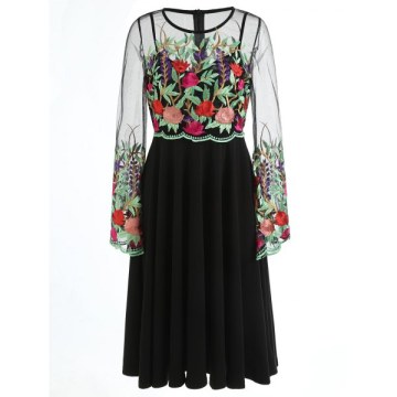 Embroidered Sheer Mesh Insert Dress - Black