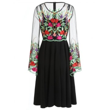 Embroidered Sheer Mesh Insert Dress - Black