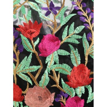 Embroidered Sheer Mesh Insert Dress - Black