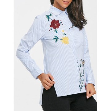 Embroidered triped High Low Blouse - Light Blue