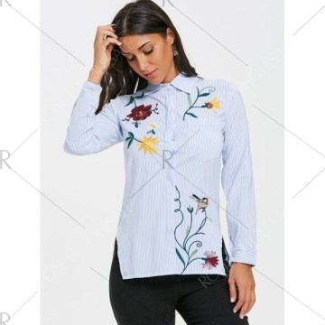 Embroidered triped High Low Blouse - Light Blue