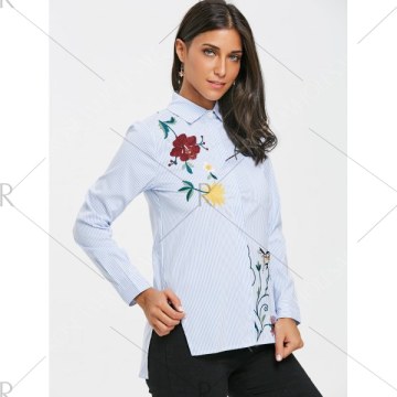 Embroidered triped High Low Blouse - Light Blue