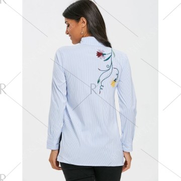 Embroidered triped High Low Blouse - Light Blue
