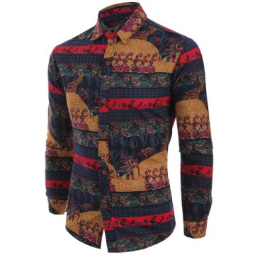 Ethnic Tribal Print Long Sleeves Shirt - Blue