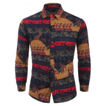 Ethnic Tribal Print Long Sleeves Shirt - Blue