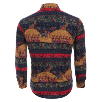 Ethnic Tribal Print Long Sleeves Shirt - Blue