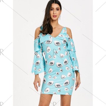 Eye Print Cold Shoulder Bell Sleeve Dress - Light Blue