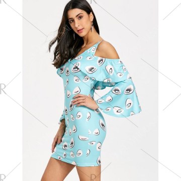 Eye Print Cold Shoulder Bell Sleeve Dress - Light Blue