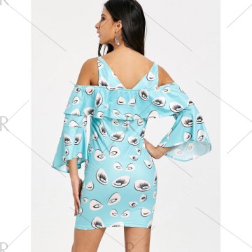Eye Print Cold Shoulder Bell Sleeve Dress - Light Blue