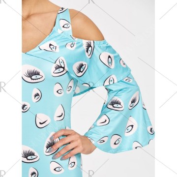Eye Print Cold Shoulder Bell Sleeve Dress - Light Blue