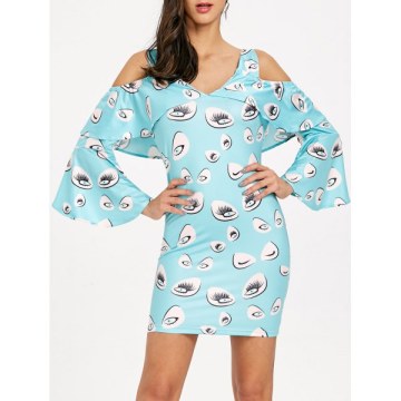Eye Print Cold Shoulder Bell Sleeve Dress - Light Blue