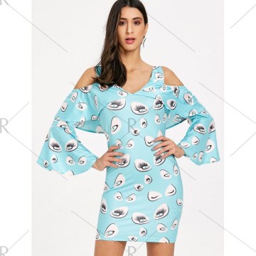 Eye Print Cold Shoulder Bell Sleeve Dress - Light Blue
