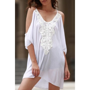 Fashion Cold Shoulder 3/4 Sleeve acework Splicing Dress For Women - White