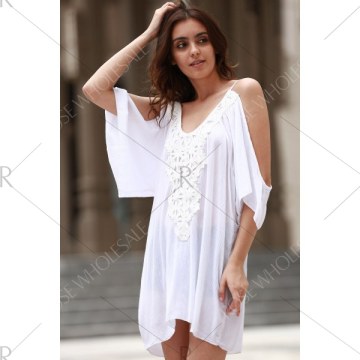 Fashion Cold Shoulder 3/4 Sleeve acework Splicing Dress For Women - White