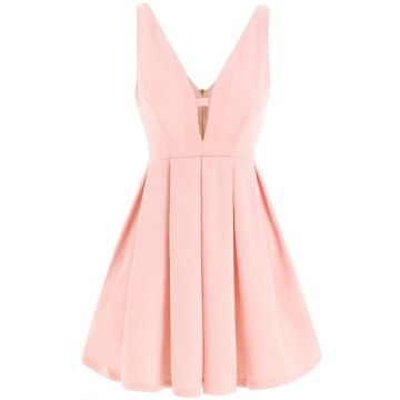 Fashion Plunging Neck leeveless olid Color Zippered Women's Dress - Pink