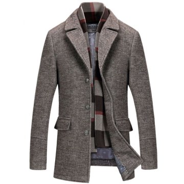 Fashion Woolen Plaid Scarf Lapel Coat - Gray