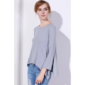 Fashionable coop Neck olid Color Asymmetric T-hirt For Women - Gray