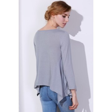 Fashionable coop Neck olid Color Asymmetric T-hirt For Women - Gray