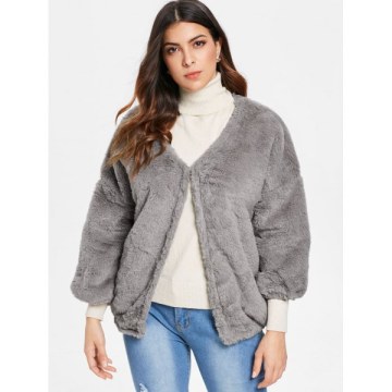 Faux Fur Drop Shoulder Loose Coat - Gray One