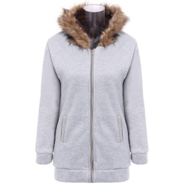 Faux Fur Trim Hooded Zip Up Coat - Light Gray