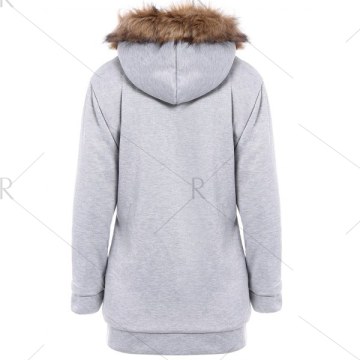 Faux Fur Trim Hooded Zip Up Coat - Light Gray