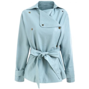 Faux Leather Belted Jacket - Baby Blue
