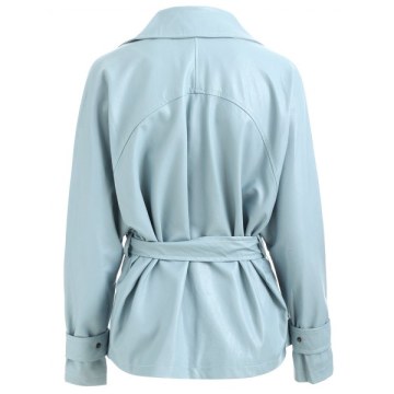 Faux Leather Belted Jacket - Baby Blue