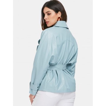 Faux Leather Belted Jacket - Baby Blue