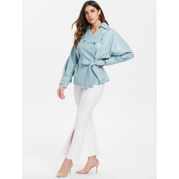 Faux Leather Belted Jacket - Baby Blue