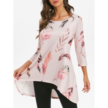 Feather Print Round Neck High Low Tee - Pink