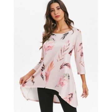 Feather Print Round Neck High Low Tee - Pink