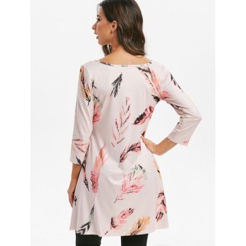 Feather Print Round Neck High Low Tee - Pink