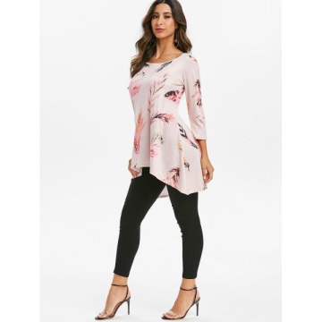 Feather Print Round Neck High Low Tee - Pink