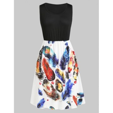 Feather Print Sleeveless Round Neck Dress - White