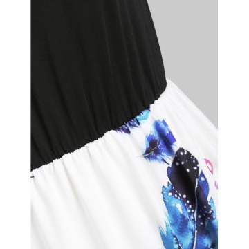 Feather Print Sleeveless Round Neck Dress - White