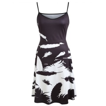 Feather Print Spaghetti Strap Dress - Black