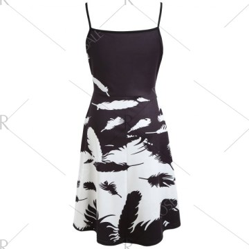 Feather Print Spaghetti Strap Dress - Black