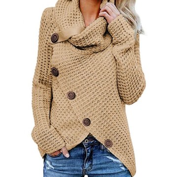 Five Buckle High Collar Pullover olid Color Women's weater - Tan