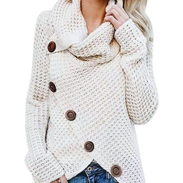 Five Buckle High Collar Pullover olid Color Women's weater - Tan