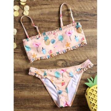 Flamingo Frill Bandeau Bikini Set - ight Apricot Pink