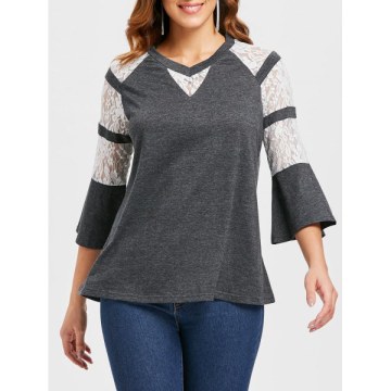 Flare leeve Floral Lace Panel T-shirt - Gray