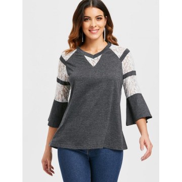 Flare leeve Floral Lace Panel T-shirt - Gray