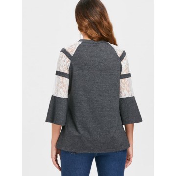 Flare leeve Floral Lace Panel T-shirt - Gray