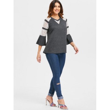 Flare leeve Floral Lace Panel T-shirt - Gray