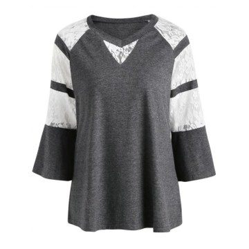 Flare leeve Floral Lace Panel T-shirt - Gray