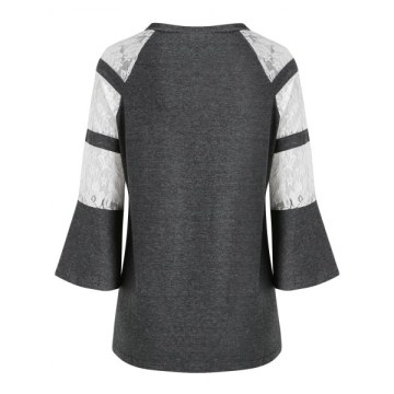 Flare leeve Floral Lace Panel T-shirt - Gray