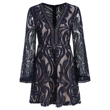 Flare Sleeve See Through ace Dress - Cadetblue